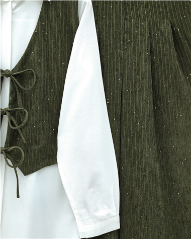 Önü Bağlamalı Yelek Pantolon Kadife Takım  -Haki