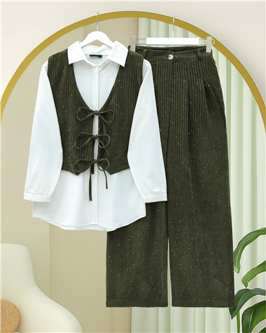 Önü Bağlamalı Yelek Pantolon Kadife Takım  -Haki