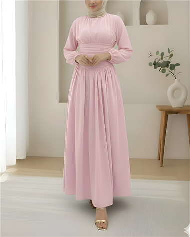 Önü Büzgülü Kolu Lastikli Fermuarlı Poplin Elbise -Pembe
