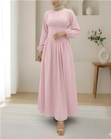Önü Büzgülü Kolu Lastikli Fermuarlı Poplin Elbise -Pembe