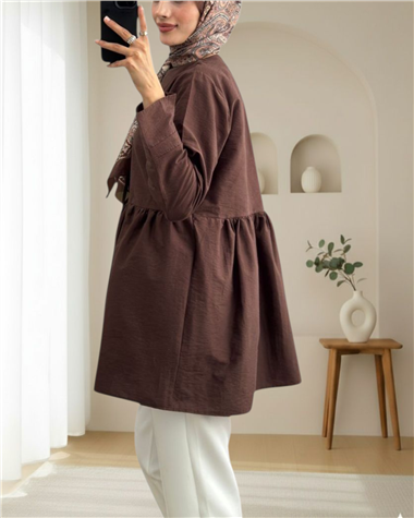 Önü Çapraz Bağlamalı Parçalı Kimono -Kahve