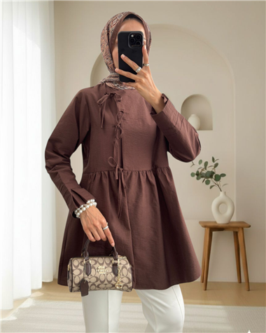 Önü Çapraz Bağlamalı Parçalı Kimono -Kahve