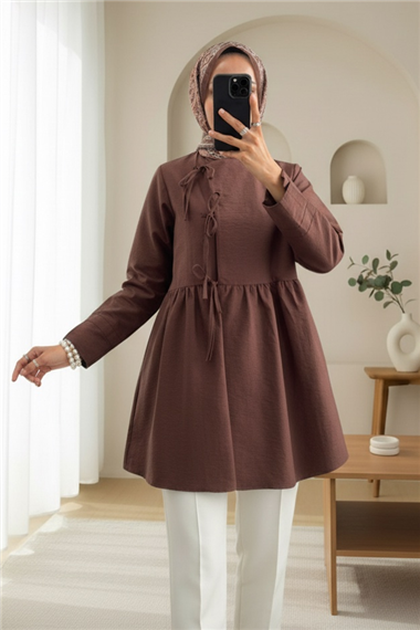 Önü Çapraz Bağlamalı Parçalı Kimono -Kahve