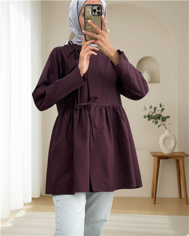 Önü Çapraz Bağlamalı Parçalı Kimono -Mürdüm