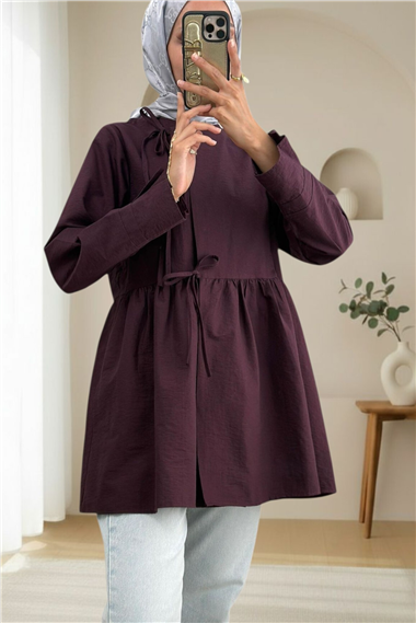 Önü Çapraz Bağlamalı Parçalı Kimono -Mürdüm