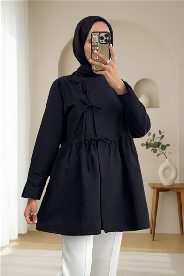 Önü Çapraz Bağlamalı Parçalı Kimono -Siyah