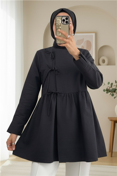 Önü Çapraz Bağlamalı Parçalı Kimono -Siyah