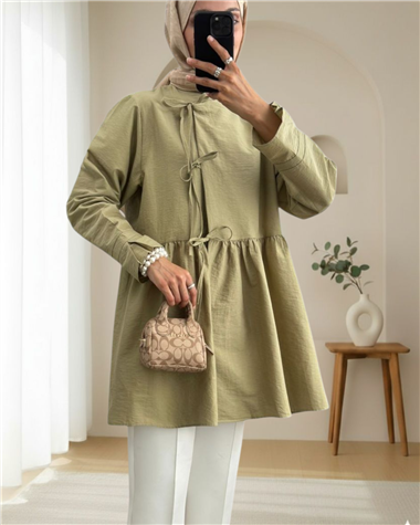 Önü Çapraz Bağlamalı Parçalı Kimono -Zeytin