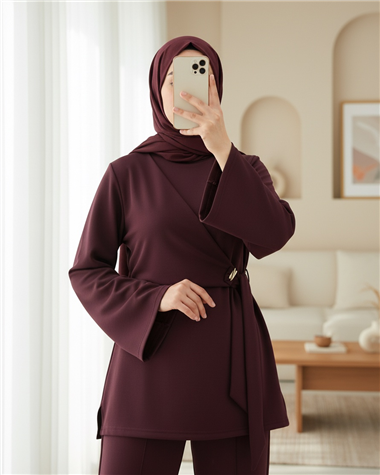 Önü Çapraz Bağlamalı Yırtmaçlı Scuba Takım  -Bordo