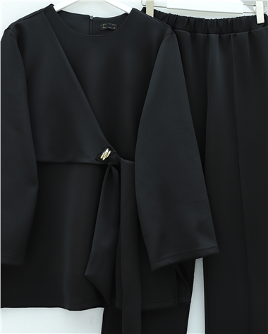 Önü Çapraz Bağlamalı Yırtmaçlı Scuba Takım  -Siyah