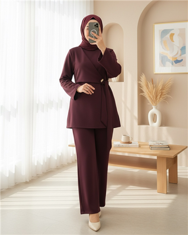 Önü Çapraz Bağlamalı Yırtmaçlı Scuba Takım  -Bordo