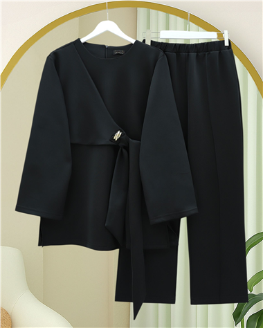 Önü Çapraz Bağlamalı Yırtmaçlı Scuba Takım  -Siyah