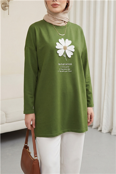 Önü Çiçek Nakışlı Bisiklet Yaka Penye Tunik -Yeşil