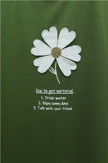 Önü Çiçek Nakışlı Bisiklet Yaka Penye Tunik -Yeşil