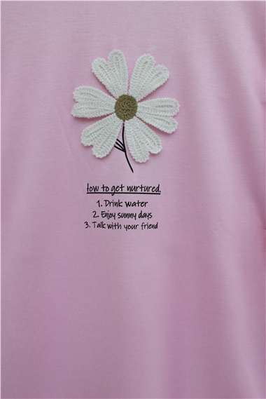 Önü Çiçek Nakışlı Bisiklet Yaka Penye Tunik -Pembe