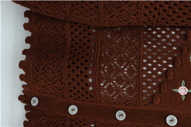 Önü Çiçek Nakışlı Ponponlu Düğmeli Triko Hırka   -Kiremit