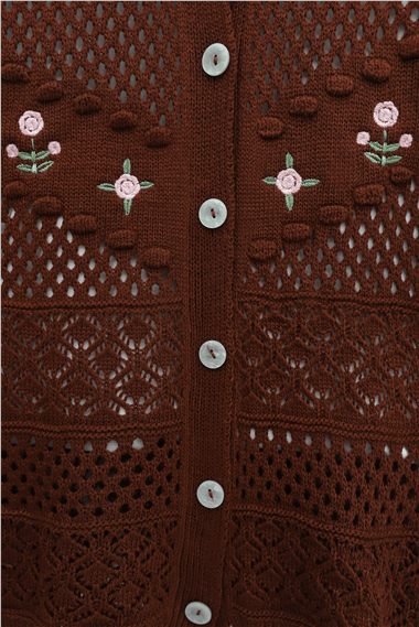 Önü Çiçek Nakışlı Ponponlu Düğmeli Triko Hırka   -Kiremit