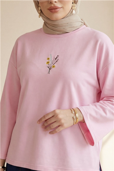 Önü Çiçek Nakışlı Yuvarlak Yaka Salaş Penye Tunik  -Pembe