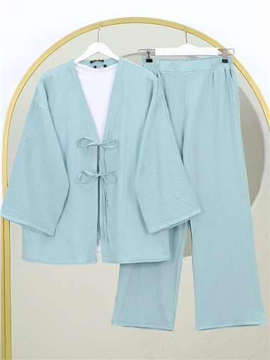 Önü Çift Bağcıklı Pantolonlu Krınkıl Takım  -Su Yeşili
