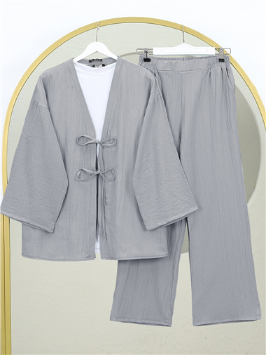 Önü Çift Bağcıklı Pantolonlu Krınkıl Takım  -Gri