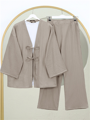 Önü Çift Bağcıklı Pantolonlu Krınkıl Takım  -Vizon