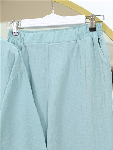 Önü Çift Bağcıklı Pantolonlu Krınkıl Takım  -Su Yeşili