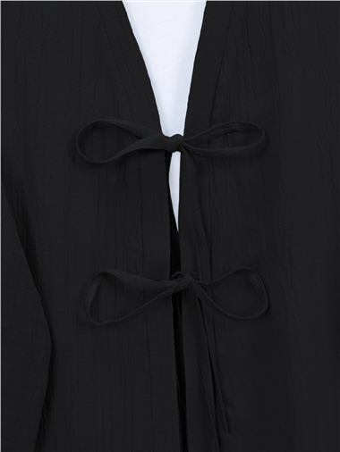 Önü Çift Bağcıklı Pantolonlu Krınkıl Takım  -Siyah