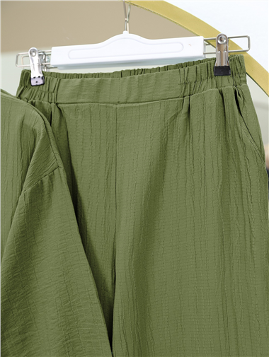 Önü Çift Bağcıklı Pantolonlu Krınkıl Takım    -Haki