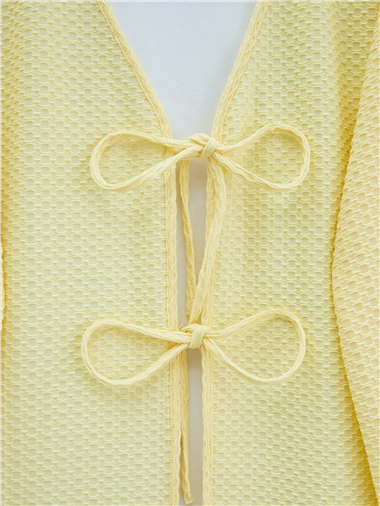 Önü Çift Bağcıklı Petek Desen Kimono -Açık Sarı