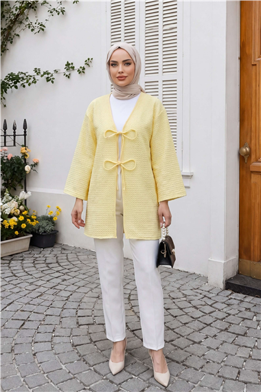 Önü Çift Bağcıklı Petek Desen Kimono -Açık Sarı
