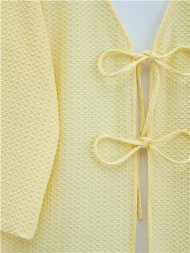 Önü Çift Bağcıklı Petek Desen Kimono -Açık Sarı