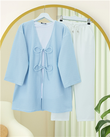 Önü Çift Bağcıklı Petek Desen Kimono -Bebe Mavi