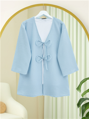 Önü Çift Bağcıklı Petek Desen Kimono -Bebe Mavi