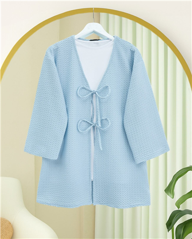 Önü Çift Bağcıklı Petek Desen Kimono -Bebe Mavi
