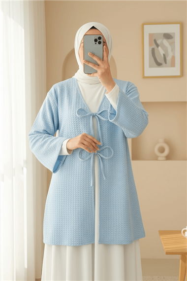 Önü Çift Bağcıklı Petek Desen Kimono -Bebe Mavi