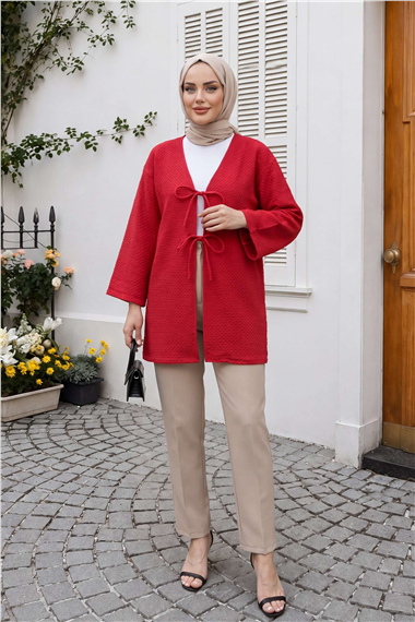 Önü Çift Bağcıklı Petek Desen Kimono -Kırmızı