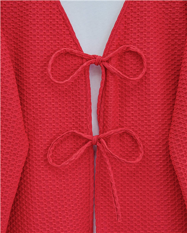 Önü Çift Bağcıklı Petek Desen Kimono -Kırmızı