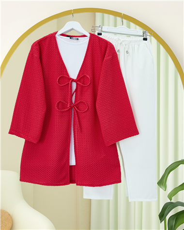 Önü Çift Bağcıklı Petek Desen Kimono -Kırmızı