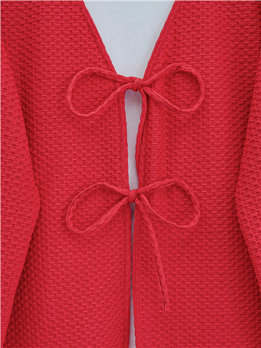 Önü Çift Bağcıklı Petek Desen Kimono -Kırmızı