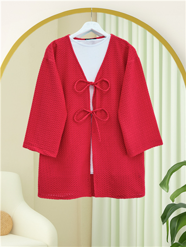 Önü Çift Bağcıklı Petek Desen Kimono -Kırmızı