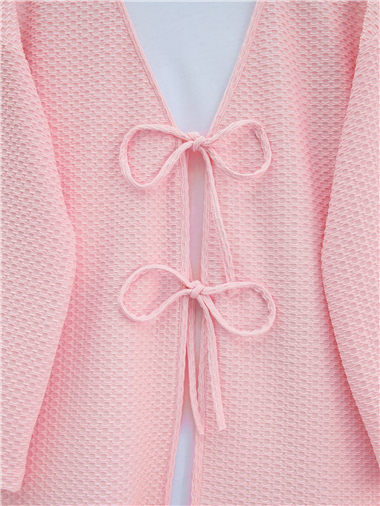 Önü Çift Bağcıklı Petek Desen Kimono -Pembe