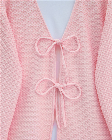Önü Çift Bağcıklı Petek Desen Kimono -Pembe