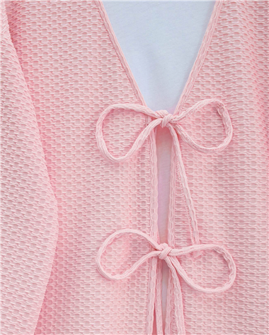 Önü Çift Bağcıklı Petek Desen Kimono -Pembe