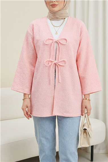 Önü Çift Bağcıklı Petek Desen Kimono -Pembe