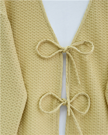 Önü Çift Bağcıklı Petek Desen Kimono -Yağ Yeşili