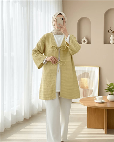 Önü Çift Bağcıklı Petek Desen Kimono -Yağ Yeşili
