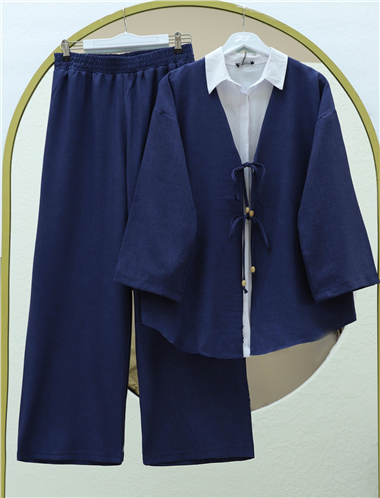 Önü Çift Bağlamalı Pantolonlu Kimono Takım -Laci
