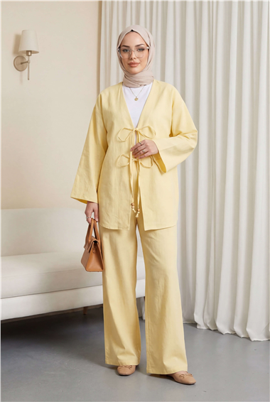 Önü Çift Bağlamalı Pantolonlu Kimono Takım       -Açık Sarı