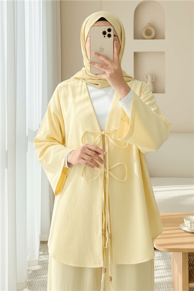 Önü Çift Bağlamalı Pantolonlu Kimono Takım       -Açık Sarı