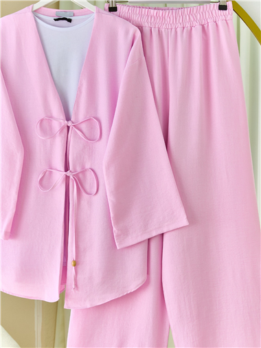 Önü Çift Bağlamalı Pantolonlu Kimono Takım       -Pembe